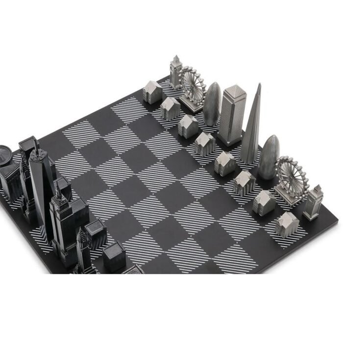 Луксозен шах Skyline Chess - Stainless Steel London vs New York Edition, с дървена дъска - Image 2