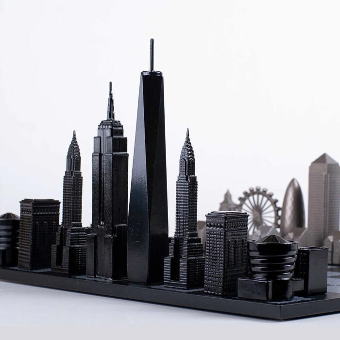 Луксозен шах Skyline Chess - Stainless Steel London vs New York Edition, с дървена дъска - Image 4