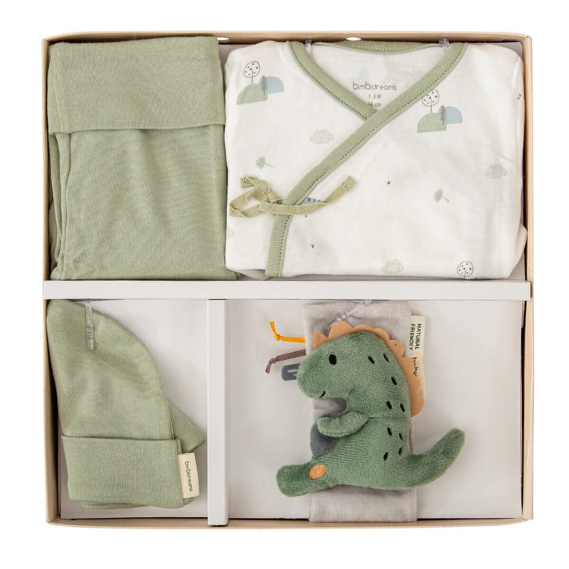 raya-fb5008ae1792 К-кт 4ч с играчка TREX 0-3м White/Green - Image 1