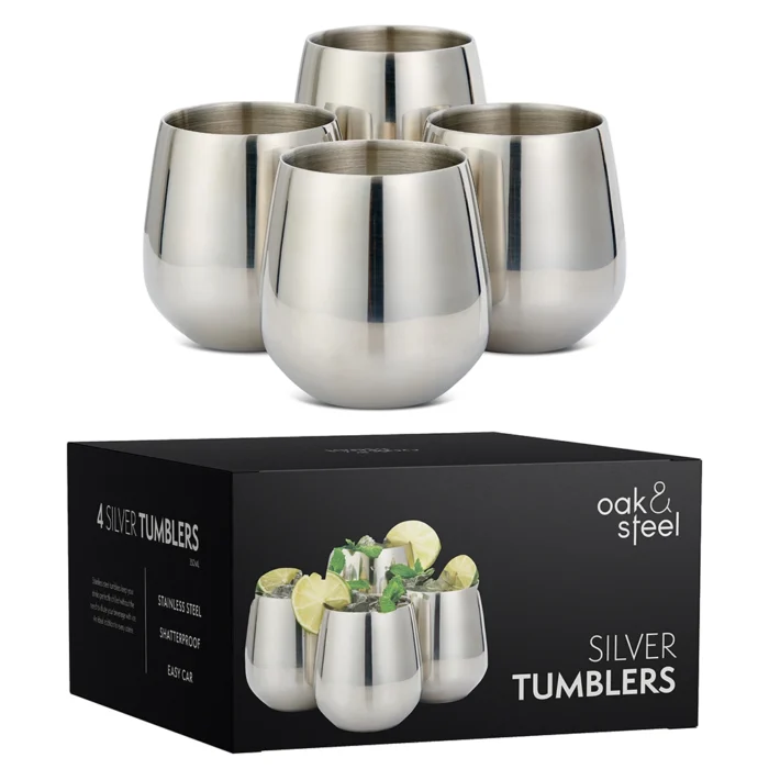 Чаши за коктейли Oak&Steel - Silver Tumblers, 4 чаши по 350мл и 4 сламки - Image 4