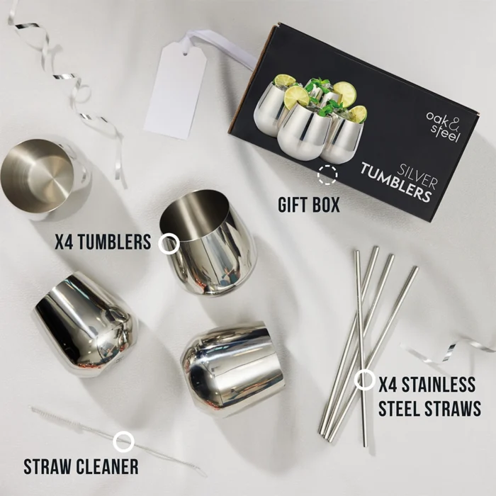 Чаши за коктейли Oak&Steel - Silver Tumblers, 4 чаши по 350мл и 4 сламки - Image 3