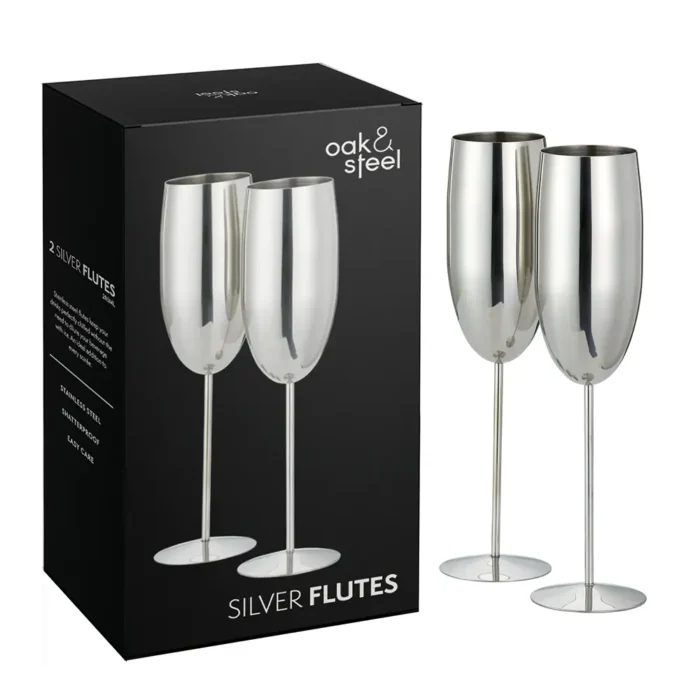 Чаши за пенливо вино Oak&Steel - Champagne Silver Flutes, 2x по 285мл, сребристи - Image 3
