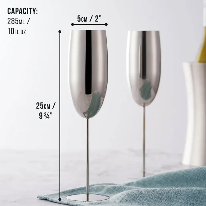 Чаши за пенливо вино Oak&Steel - Champagne Silver Flutes, 2x по 285мл, сребристи - Image 2