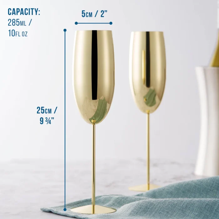Чаши за пенливо вино Oak&Steel - Gold Flutes, 4x по 285мл, неръждаема стомана, златисти - Image 2
