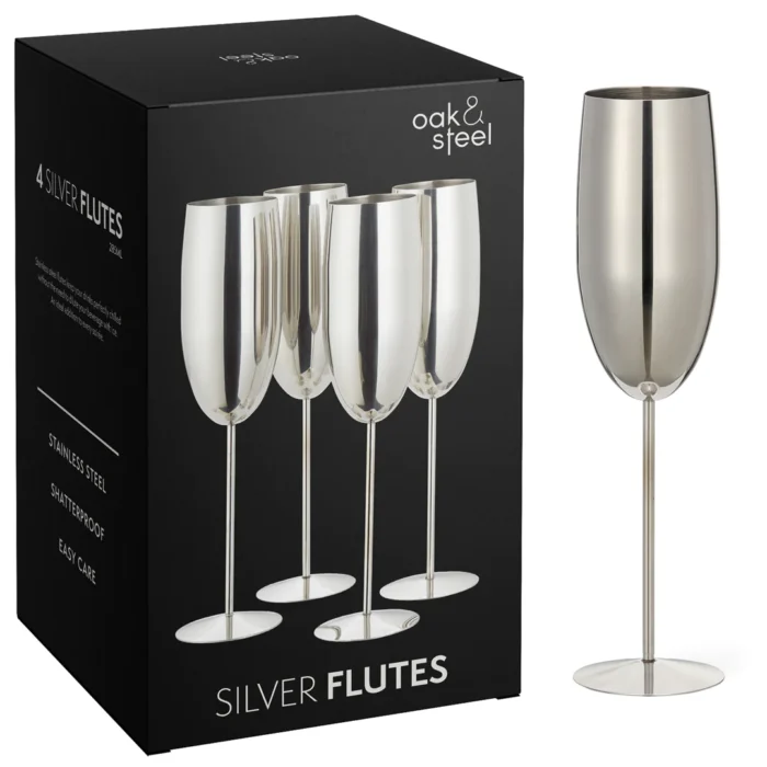 Чаши за пенливо вино Oak&Steel - Silver Flutes, 4x по 285мл, неръждаема стомана, сребристи - Image 2
