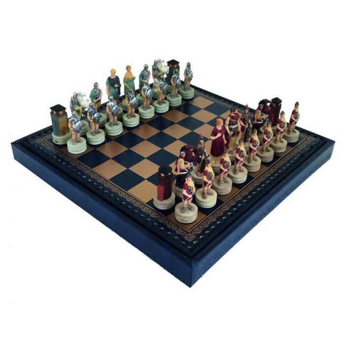 Италиански комплект шах и табла Italfama - Greeks vs Romans, кожена кутия, 35 x 35 см - Image 2