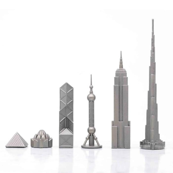 Луксозен шах Skyline Chess - Stainless Steel World Icons Edition, с дървена дъска - Image 3